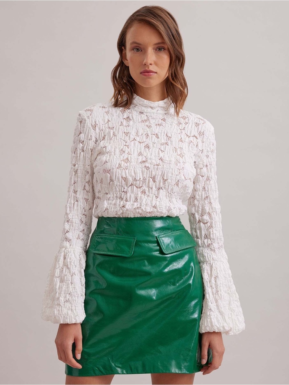 Anne Fontaine White Lace Ruched Top with Balloon Sleeves Lyrisme NWT